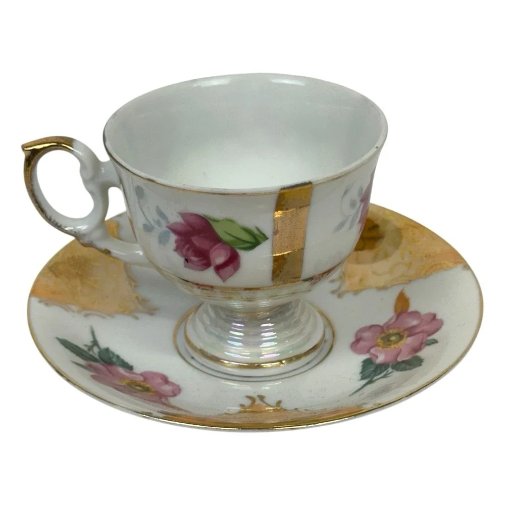 Demitasse Tea Cup Saucer Set Porcelain Lusterware Flower Japan Gold Iridescent